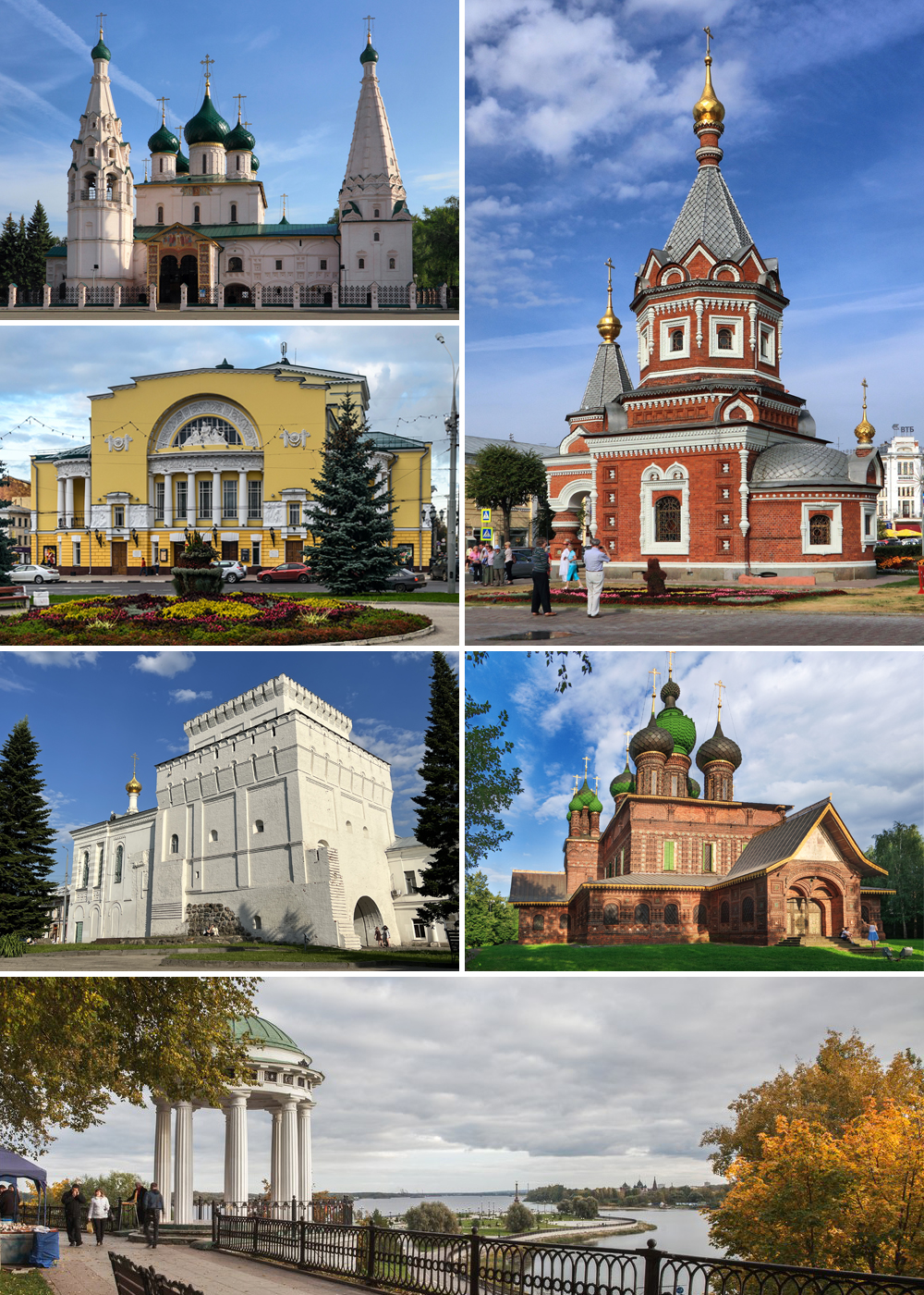 Ярославль, многосложная панорама центра: Спасо-Преображенский монастырь, Знаменская башня, Волковский театр и церковь Ильи Пророка. Город — тысячелетник на берегу Волги, в исторической части включён в Список ЮНЕСКО.