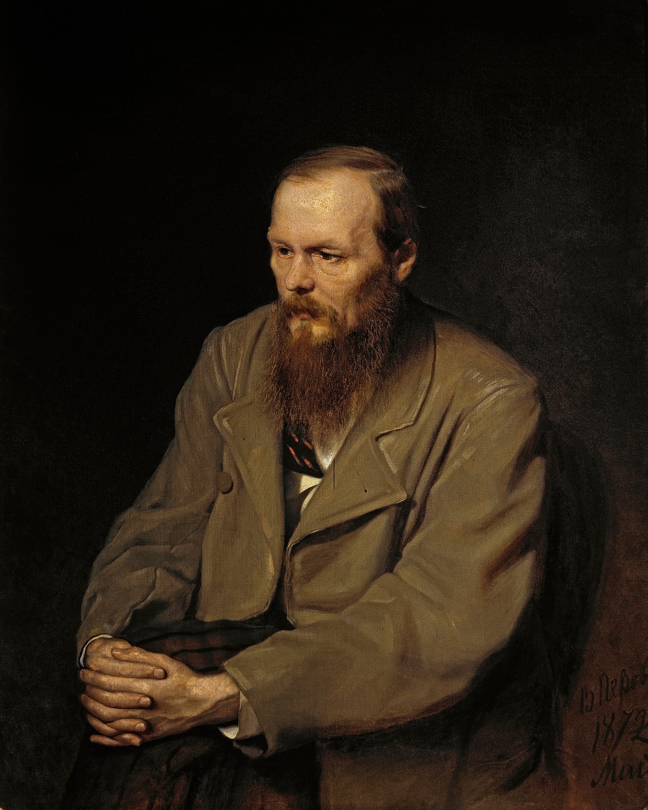 Василий Перов. Портрет Ф. М. Достоевского, 1872 год. Заказчик — Павел Третьяков для своей галереи. На момент написания портрета писателю 51 год; до смерти оставалось ещё девять.