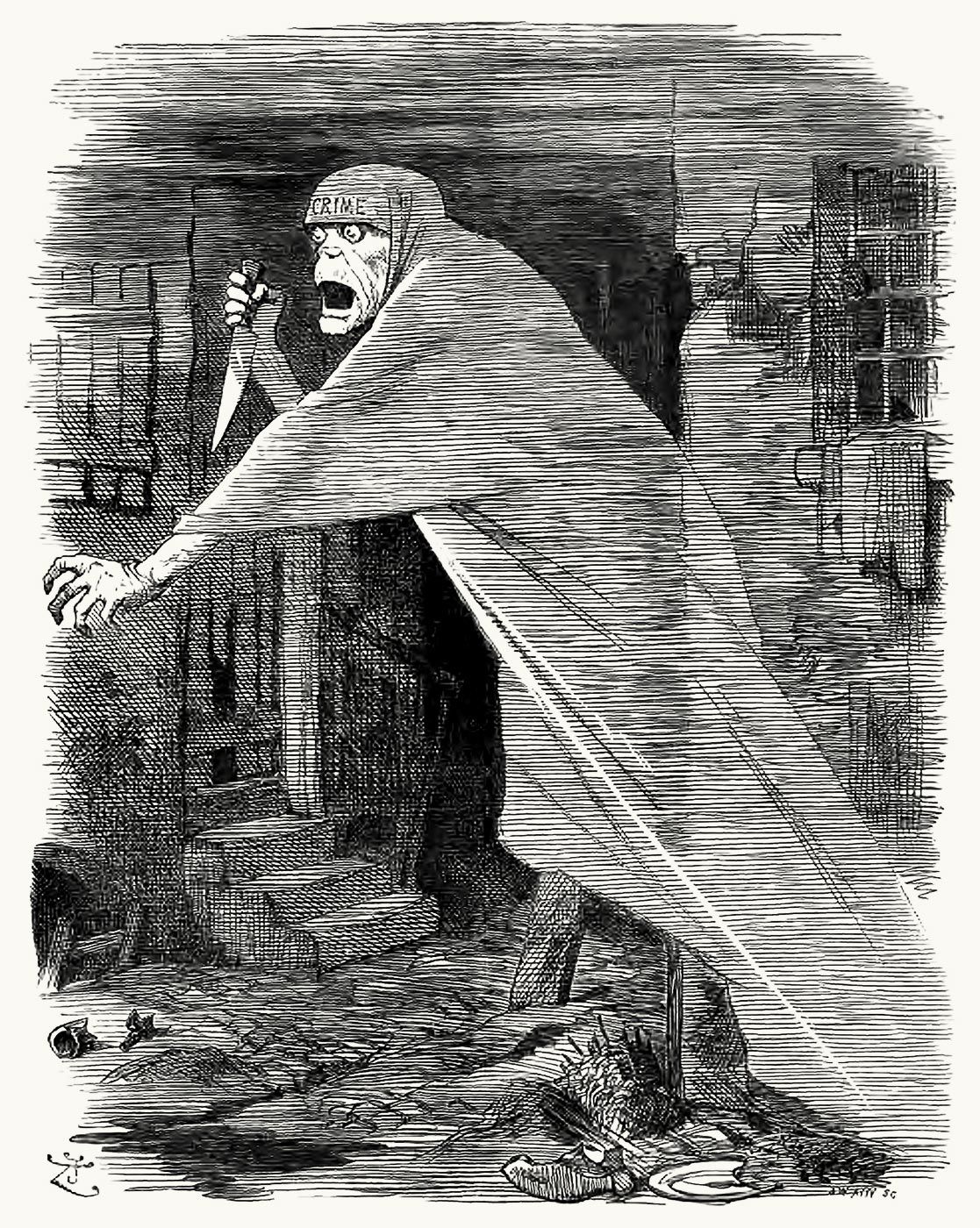 «The Nemesis of Neglect» — карикатура журнала Punch, сентябрь 1888. Потрошитель здесь — призрак, рождённый нищетой Ист-Энда. Социальная интерпретация преступлений сложилась прямо в дни их совершения.