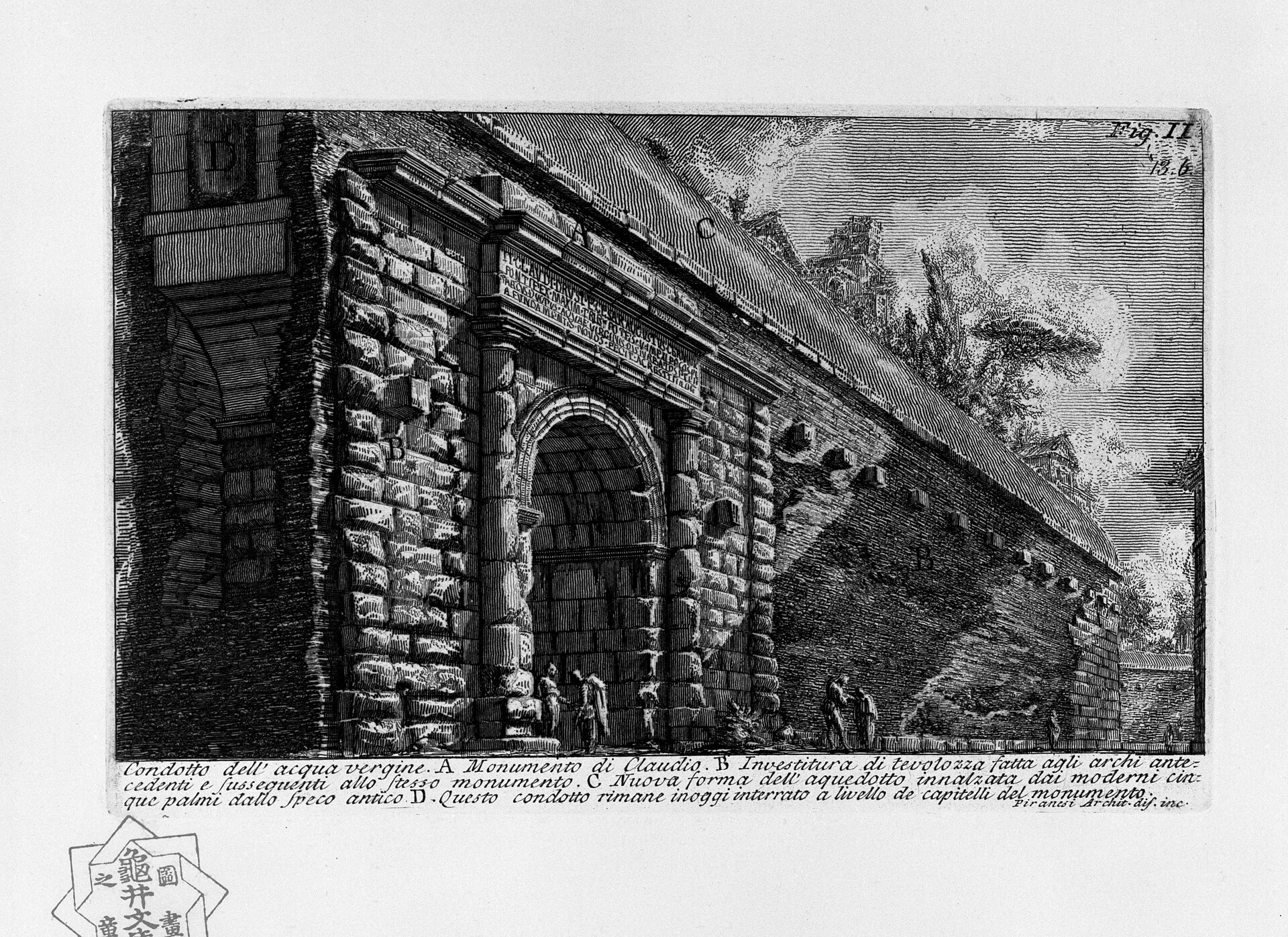 Le Antichità Romane, том III. Арка Клавдия — обмер с указанием всех плит, фрагментов, технических деталей кладки. Пиранези показывает не «вид руины», а её устройство: кладку, материал, способ крепления.