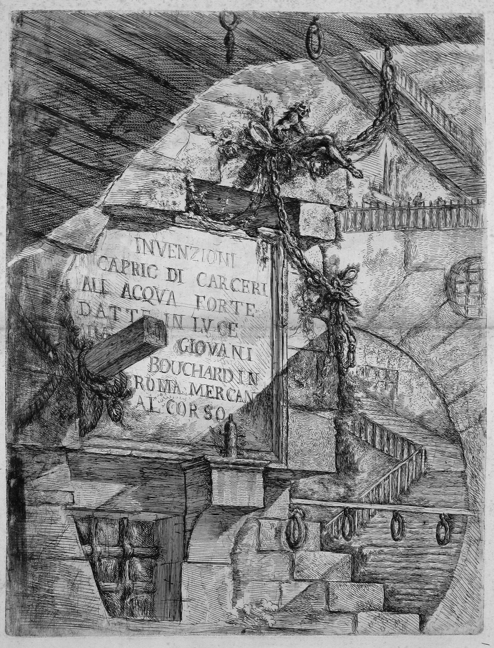 Титульный лист серии Carceri d'Invenzione, первое издание 1750 года. На пластине — название работы, выгравированное на колонне-обломке среди тюремных перекрытий. С первой же гравюры Пиранези заявляет жанр: архитектура, превратившаяся в скульптуру времени.
