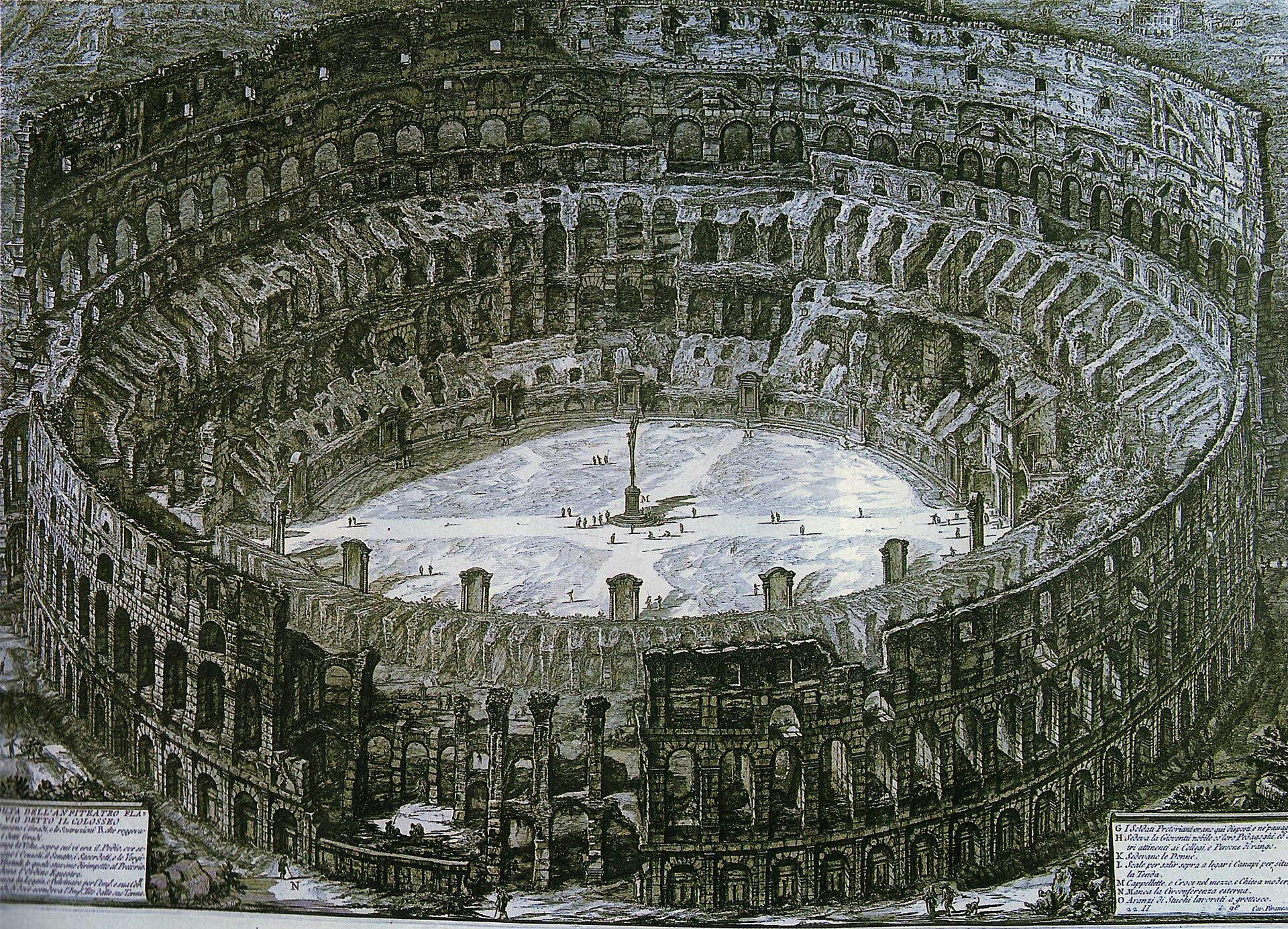 Veduta del Colosseo. Колизей, в эпоху Пиранези — наполовину засыпанный, с проросшим деревьями, изнутри поделённый на станции крестного хода. Здание показано со стороны Палатина, в глубокой светотени.