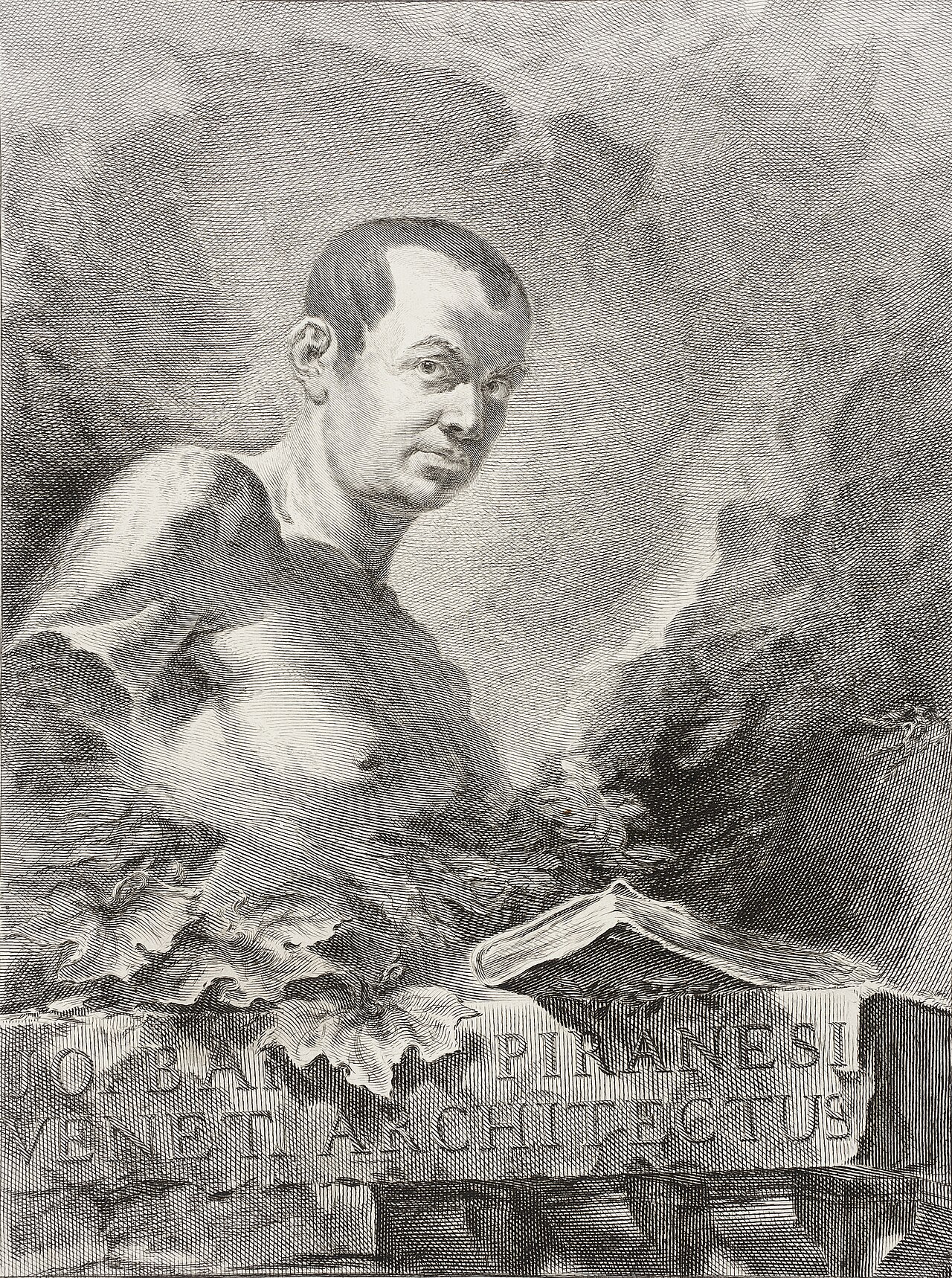 Портрет Джованни Баттисты Пиранези. Гравюра Феличе Полаццани, 1750. Лист использовался как фронтиспис «Antichità Romane».