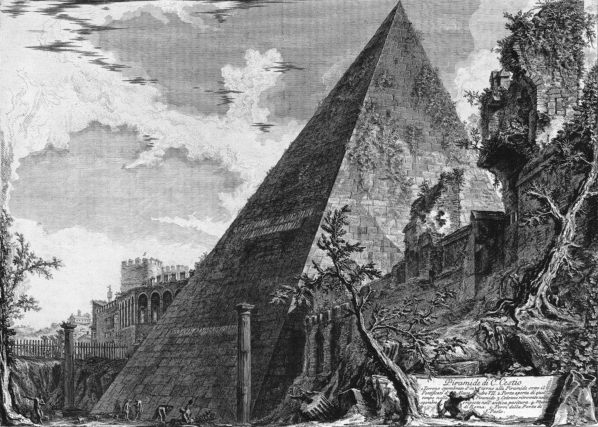 Pyramide di C. Cestio. Пирамида Цестия — гробница римского претора, построенная около 12 года до н. э. Пиранези показывает её со стороны Аврелианской стены: реальный масштаб, реальные пропорции, никакой «maniera grandiosa».
